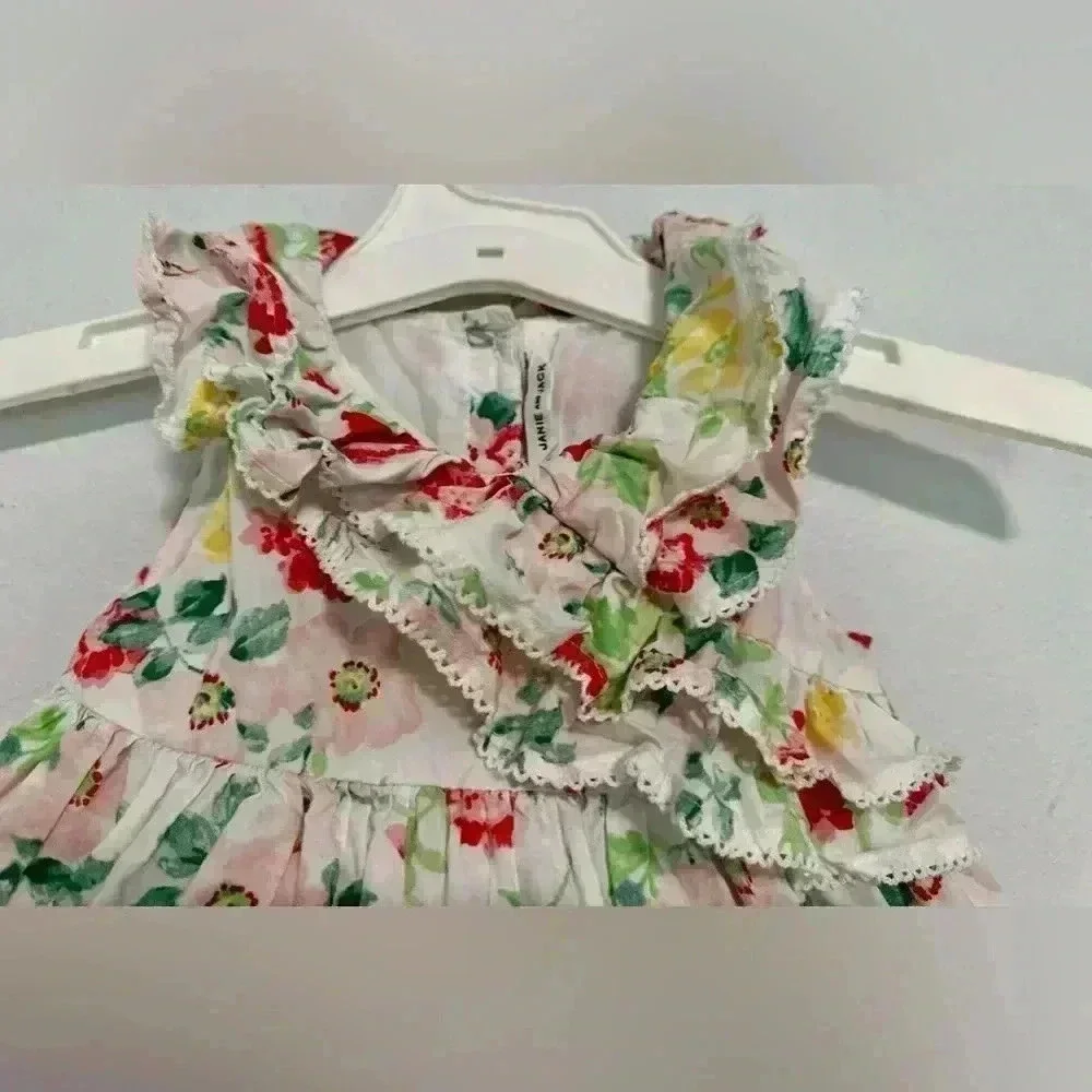 Janie and Jack Toddler Girls Dress Floral Print Ruffle Bow White Pink 12-18m